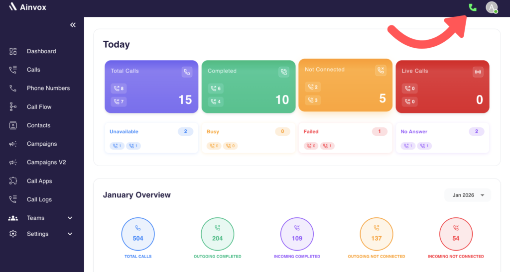 Ainvox Click-to-Call button for making outgoing calls.