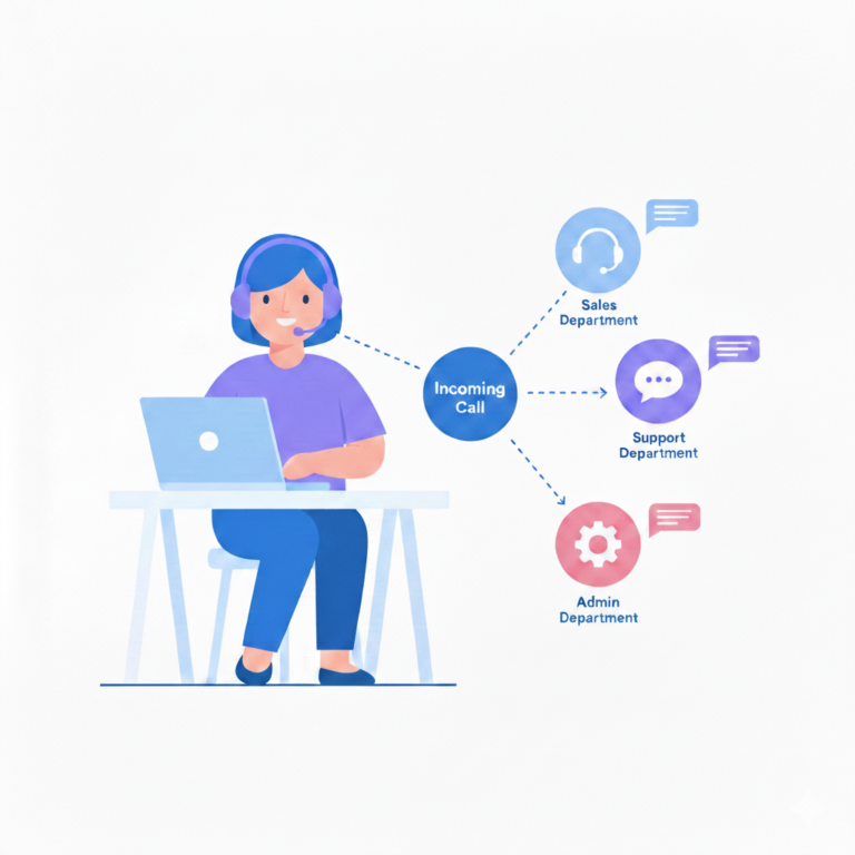 IVR-based call routing system showing one business number connecting calls to sales, support, and admin departments