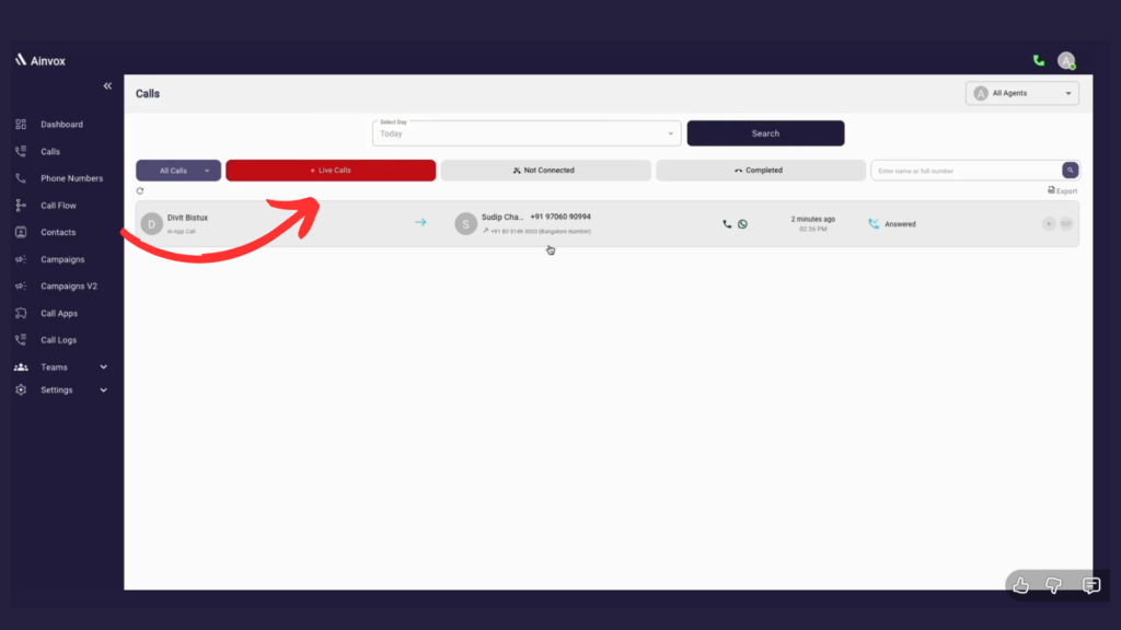 Ainvox Calls Page showing live, completed, and missed call details with agent information