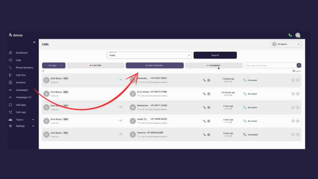 Ainvox Calls Page showing live, completed, and missed call details with agent information