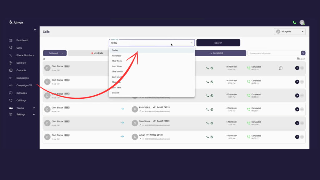 Ainvox Calls Page showing live, completed, and missed call details with agent information