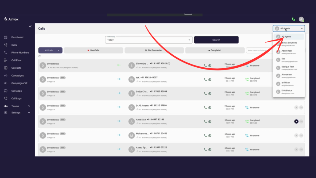 Ainvox Calls Page showing live, completed, and missed call details with agent information