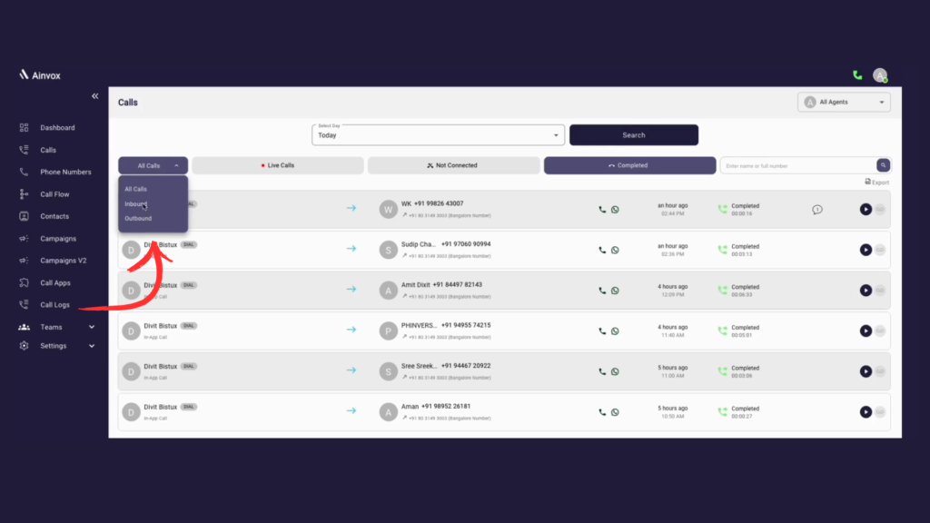 Ainvox Calls Page showing live, completed, and missed call details with agent information