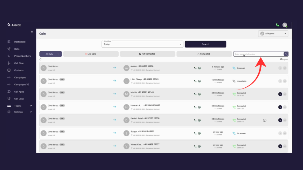 Ainvox Calls Page showing live, completed, and missed call details with agent information