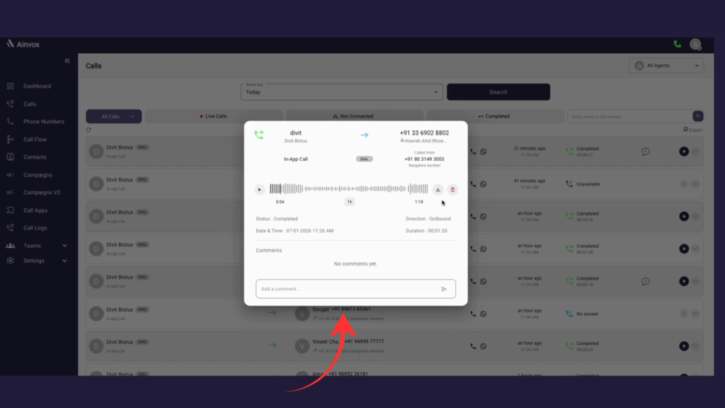 Ainvox Calls Page showing live, completed, and missed call details with agent information