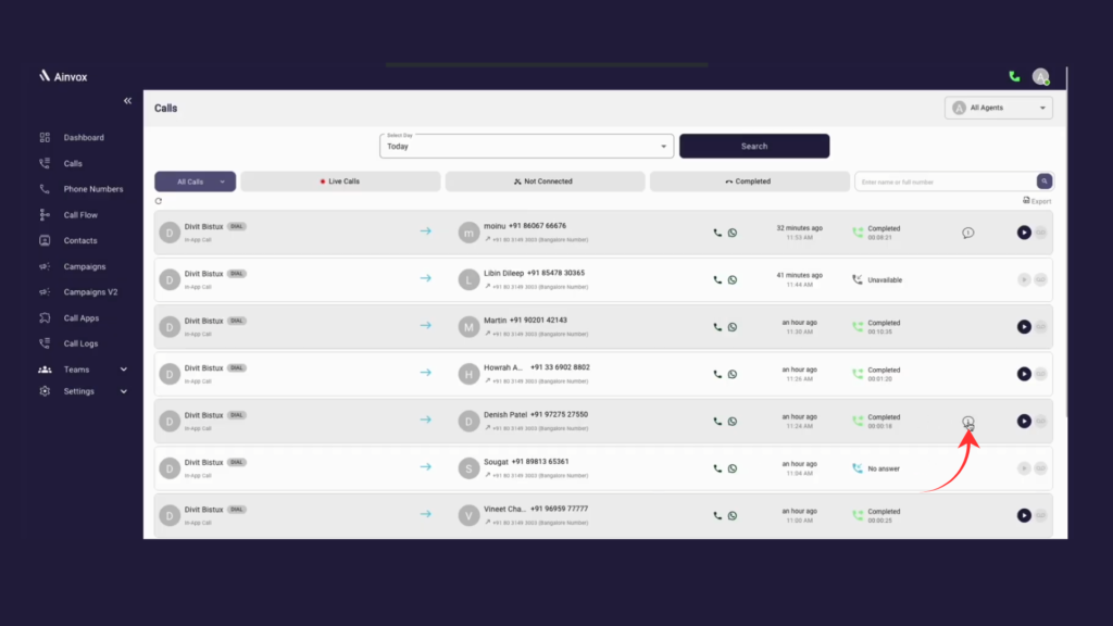 Ainvox Calls Page showing live, completed, and missed call details with agent information