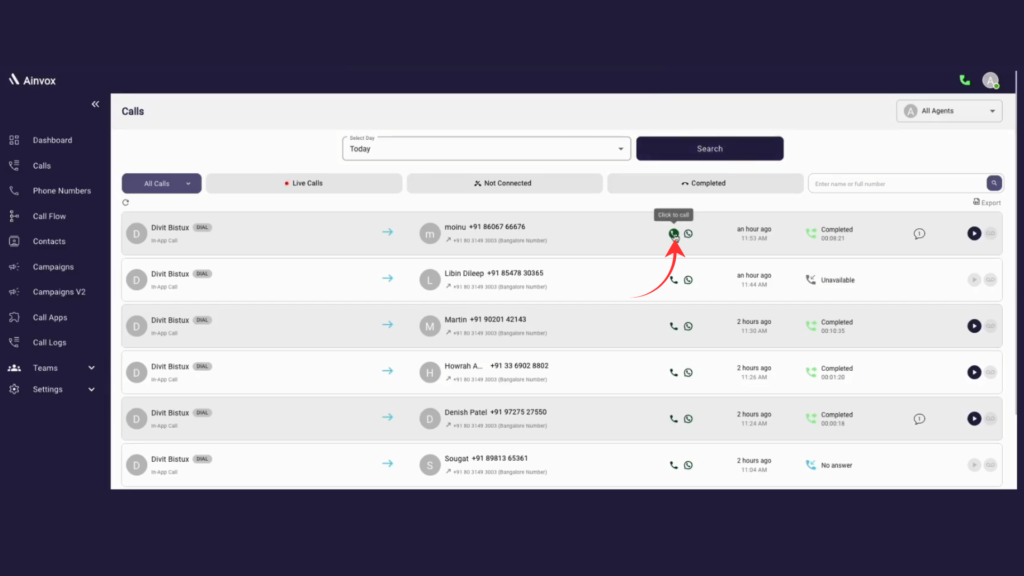 Ainvox Calls Page showing live, completed, and missed call details with agent information