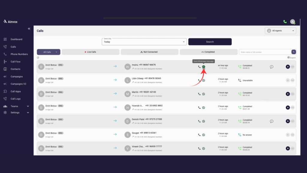 Ainvox Calls Page showing live, completed, and missed call details with agent information