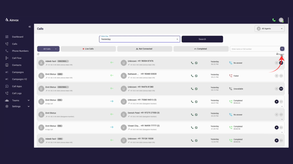 Ainvox Calls Page showing live, completed, and missed call details with agent information
