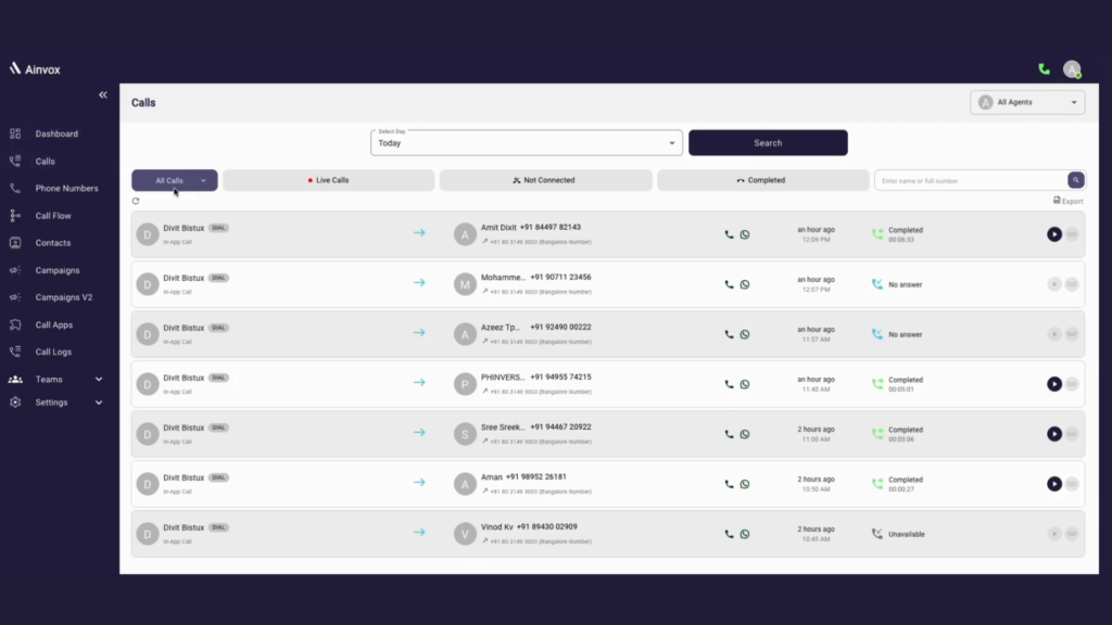 Ainvox Calls Page showing live, completed, and missed call details with agent information